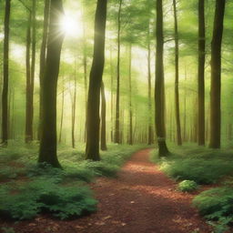 A beautiful forest cover image featuring tall, lush trees with sunlight filtering through the leaves