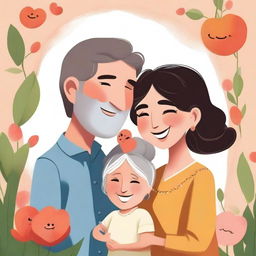 A beautiful and heartwarming illustration titled 'Meus três amores' depicting three beloved characters or individuals in a loving and joyful setting