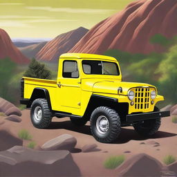 A 1953 Willys pickup offroad truck, painted in a vibrant yellow color