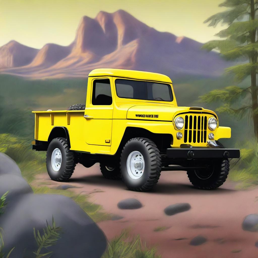 A 1953 Willys pickup offroad truck, painted in a vibrant yellow color