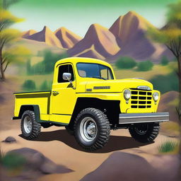 A 1953 Willys pickup offroad truck, painted in a vibrant yellow color