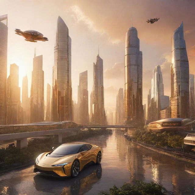 A futuristic city bathed in golden sunset, with towering skyscrapers reflecting radiant beams of light, and flying cars zipping through the sky.