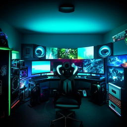 An immersive gaming setup in a cozy, well-lit bedroom with multiple monitors, glowing LED lights, soundproof headphones, a comfortable chair, gaming memorabilia, and a high-end gaming PC.