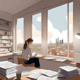 Front Cover Design: A modern attic apartment with large windows showing a bustling cityscape outside