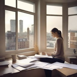 Front Cover Design: A modern attic apartment with large windows showing a bustling cityscape outside