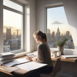 Front Cover Design: A modern attic apartment with large windows showing a bustling cityscape outside