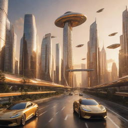 A futuristic city bathed in golden sunset, with towering skyscrapers reflecting radiant beams of light, and flying cars zipping through the sky.