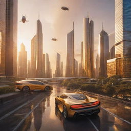 A futuristic city bathed in golden sunset, with towering skyscrapers reflecting radiant beams of light, and flying cars zipping through the sky.