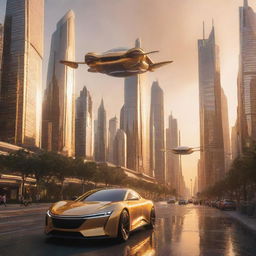 A futuristic city bathed in golden sunset, with towering skyscrapers reflecting radiant beams of light, and flying cars zipping through the sky.