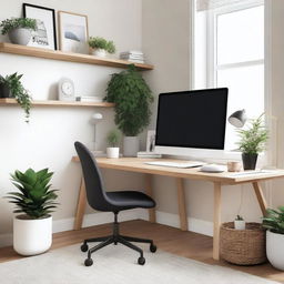 A cozy and well-organized home office setup with a modern desk, ergonomic chair, and a large monitor