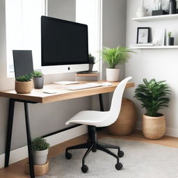 A cozy and well-organized home office setup with a modern desk, ergonomic chair, and a large monitor