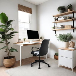 A cozy and well-organized home office setup with a modern desk, ergonomic chair, and a large monitor