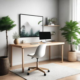 A cozy and well-organized home office setup with a modern desk, ergonomic chair, and a large monitor