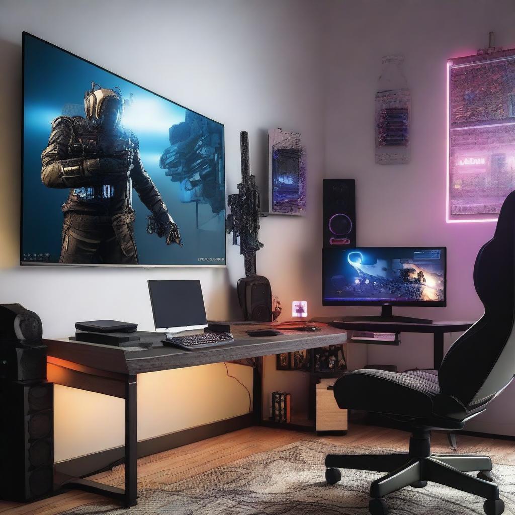 A cozy and modern gaming setup featuring a high-end PC with RGB lighting, dual monitors, a sleek gaming chair, and various gaming peripherals