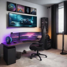 A cozy and modern gaming setup featuring a high-end PC with RGB lighting, dual monitors, a sleek gaming chair, and various gaming peripherals