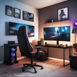 A cozy and modern gaming setup featuring a high-end PC with RGB lighting, dual monitors, a sleek gaming chair, and various gaming peripherals