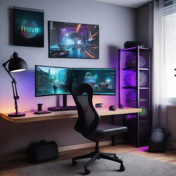 A cozy and modern gaming setup featuring a high-end PC with RGB lighting, dual monitors, a sleek gaming chair, and various gaming peripherals