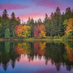 A serene landscape at twilight, the painted sky reflecting a myriad of colors on a tranquil lake surrounded by towering trees.