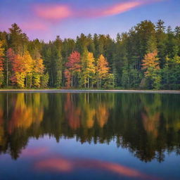 A serene landscape at twilight, the painted sky reflecting a myriad of colors on a tranquil lake surrounded by towering trees.