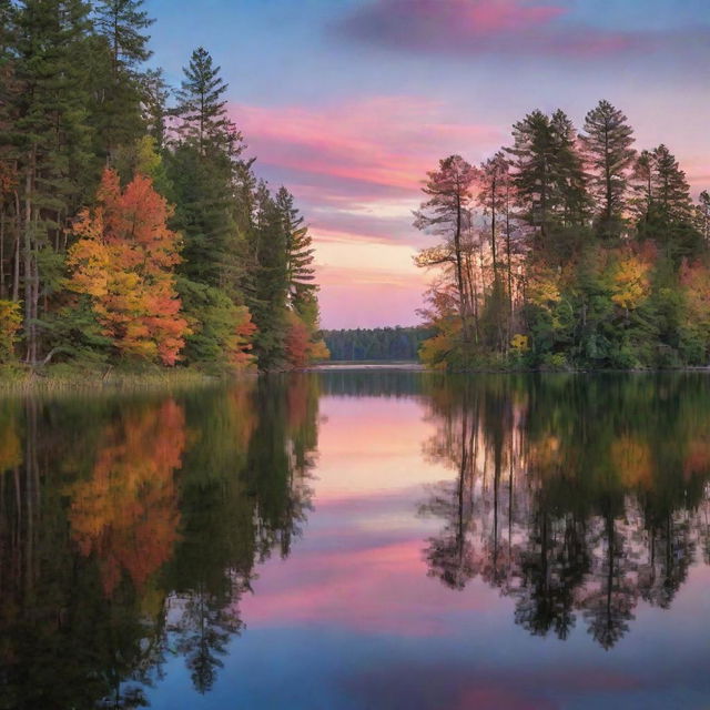 A serene landscape at twilight, the painted sky reflecting a myriad of colors on a tranquil lake surrounded by towering trees.