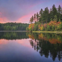 A serene landscape at twilight, the painted sky reflecting a myriad of colors on a tranquil lake surrounded by towering trees.