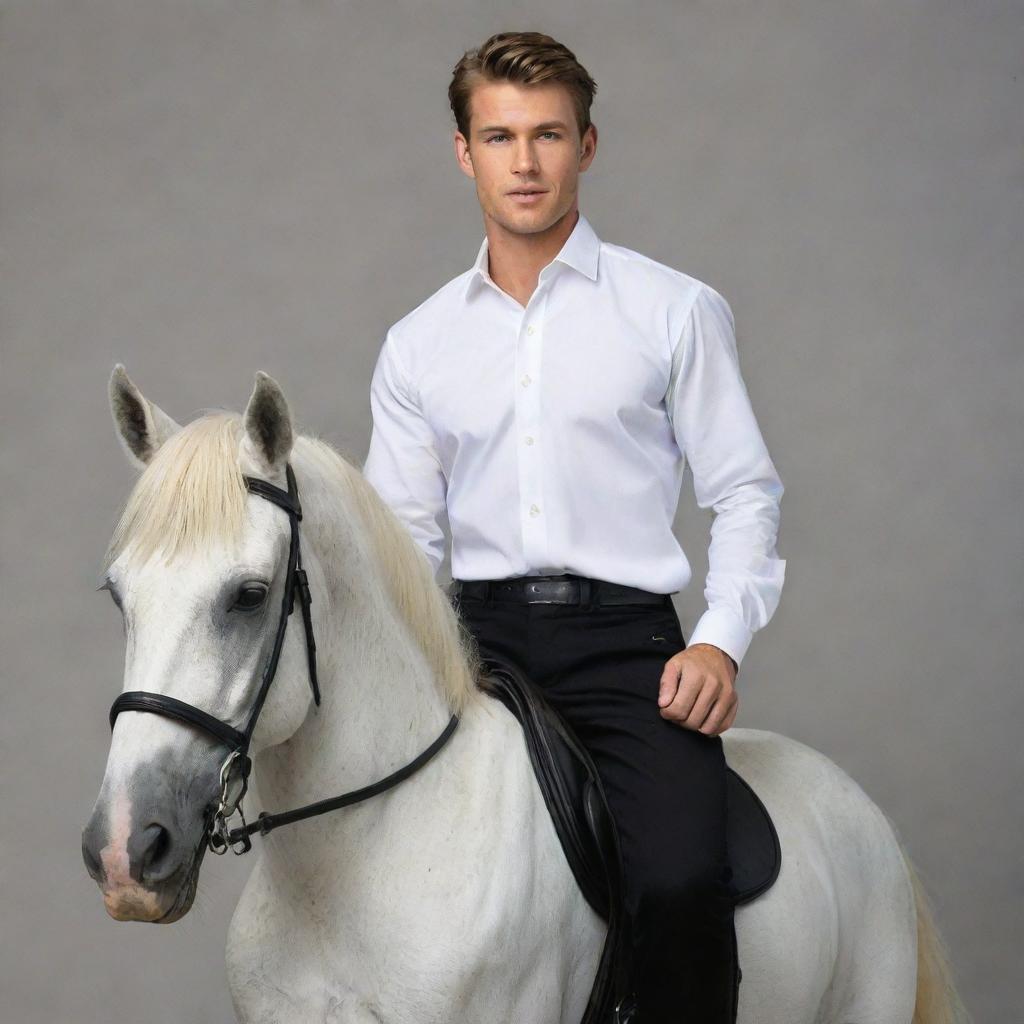 A young man in his mid-twenties, dressed in a crisp white shirt and tailored black pants, confidently riding a powerful horse.