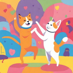 A playful scene featuring a cat and a dog dancing together