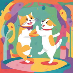 A playful scene featuring a cat and a dog dancing together