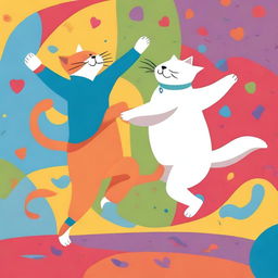 A playful scene featuring a cat and a dog dancing together