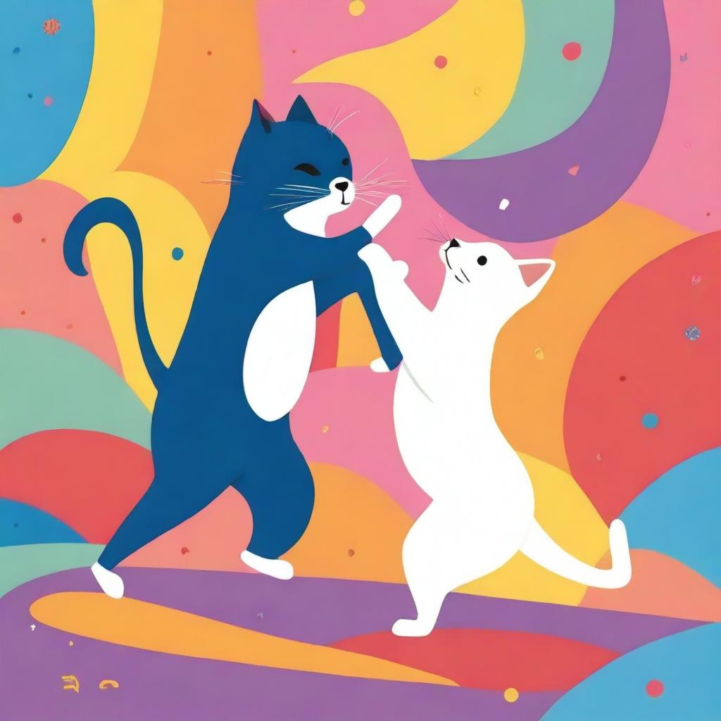 A playful scene featuring a cat and a dog dancing together