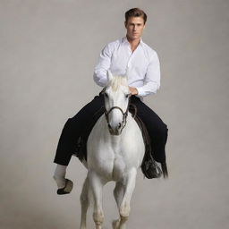 A young man in his mid-twenties, dressed in a crisp white shirt and tailored black pants, confidently riding a powerful horse.