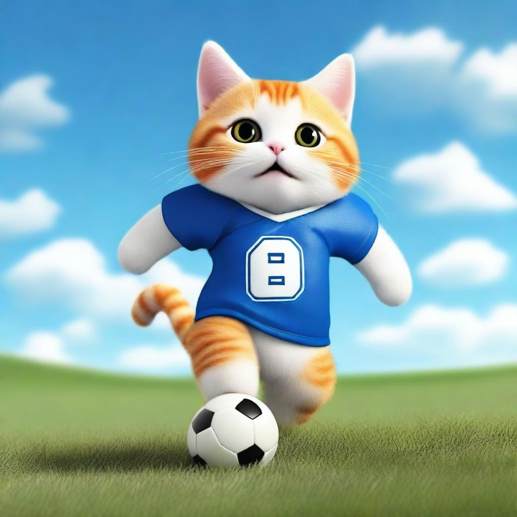 A cute cat playing football on a grassy field