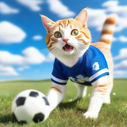 A cute cat playing football on a grassy field