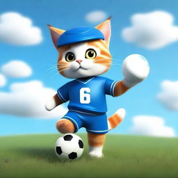 A cute cat playing football on a grassy field