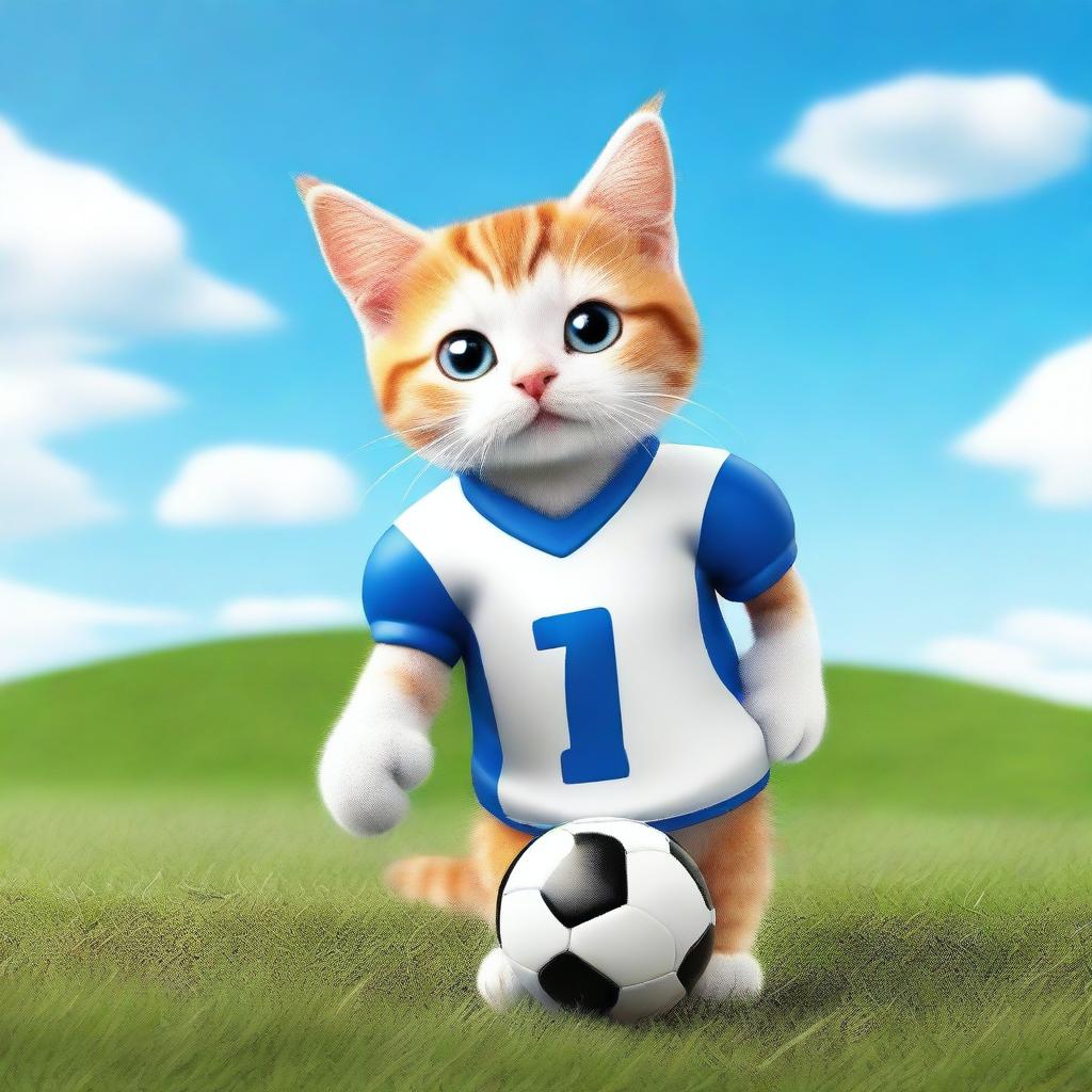 A cute cat playing football on a grassy field