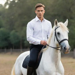 A young man in his mid-twenties, dressed in a crisp white shirt and tailored black pants, confidently riding a powerful horse.