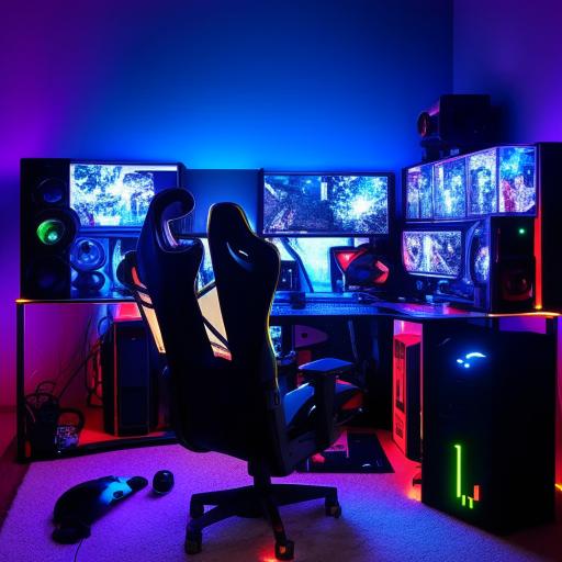 An immersive gaming setup in a cozy, well-lit bedroom with multiple monitors, glowing LED lights, soundproof headphones, a comfortable chair, gaming memorabilia, and a high-end gaming PC.