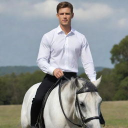 A young man in his mid-twenties, dressed in a crisp white shirt and tailored black pants, confidently riding a powerful horse.