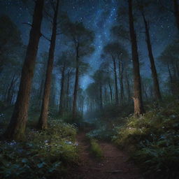 An enchanting forest at night, with bioluminescent plants illuminating the path and a sky filled with stars and magical constellations.