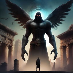 A captivating digital art piece featuring a colossal, shadowy Nephilim figure on the left, with glowing eyes and a mix of human and otherworldly features