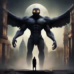 A captivating digital art piece featuring a colossal, shadowy Nephilim figure on the left, with glowing eyes and a mix of human and otherworldly features