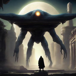 A captivating digital art piece featuring a colossal, shadowy Nephilim figure on the left, with glowing eyes and a mix of human and otherworldly features