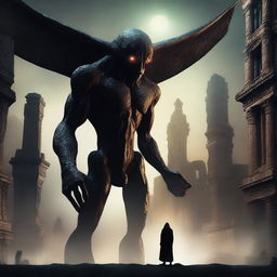 A captivating digital art piece featuring a colossal, shadowy Nephilim figure on the left, with glowing eyes and a mix of human and otherworldly features