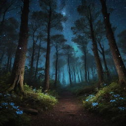 An enchanting forest at night, with bioluminescent plants illuminating the path and a sky filled with stars and magical constellations.