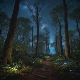 An enchanting forest at night, with bioluminescent plants illuminating the path and a sky filled with stars and magical constellations.