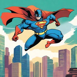 A dynamic superhero in action, leaping through the air with a cityscape in the background