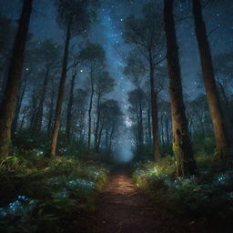 An enchanting forest at night, with bioluminescent plants illuminating the path and a sky filled with stars and magical constellations.