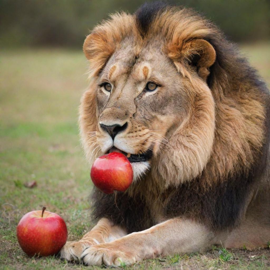 A lion in a peaceful savannah setting, curiously biting into a crisp red apple, emphasizing the unexpected and playful contrast.