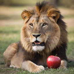 A lion in a peaceful savannah setting, curiously biting into a crisp red apple, emphasizing the unexpected and playful contrast.