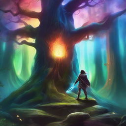 A captivating fantasy book cover featuring a mystical forest with towering ancient trees, a glowing magical portal, and a brave hero wielding a sword